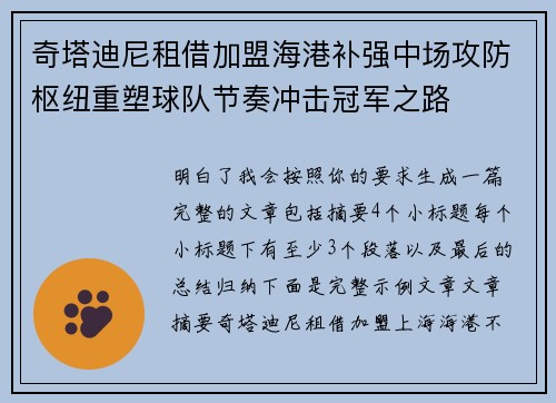 奇塔迪尼租借加盟海港补强中场攻防枢纽重塑球队节奏冲击冠军之路